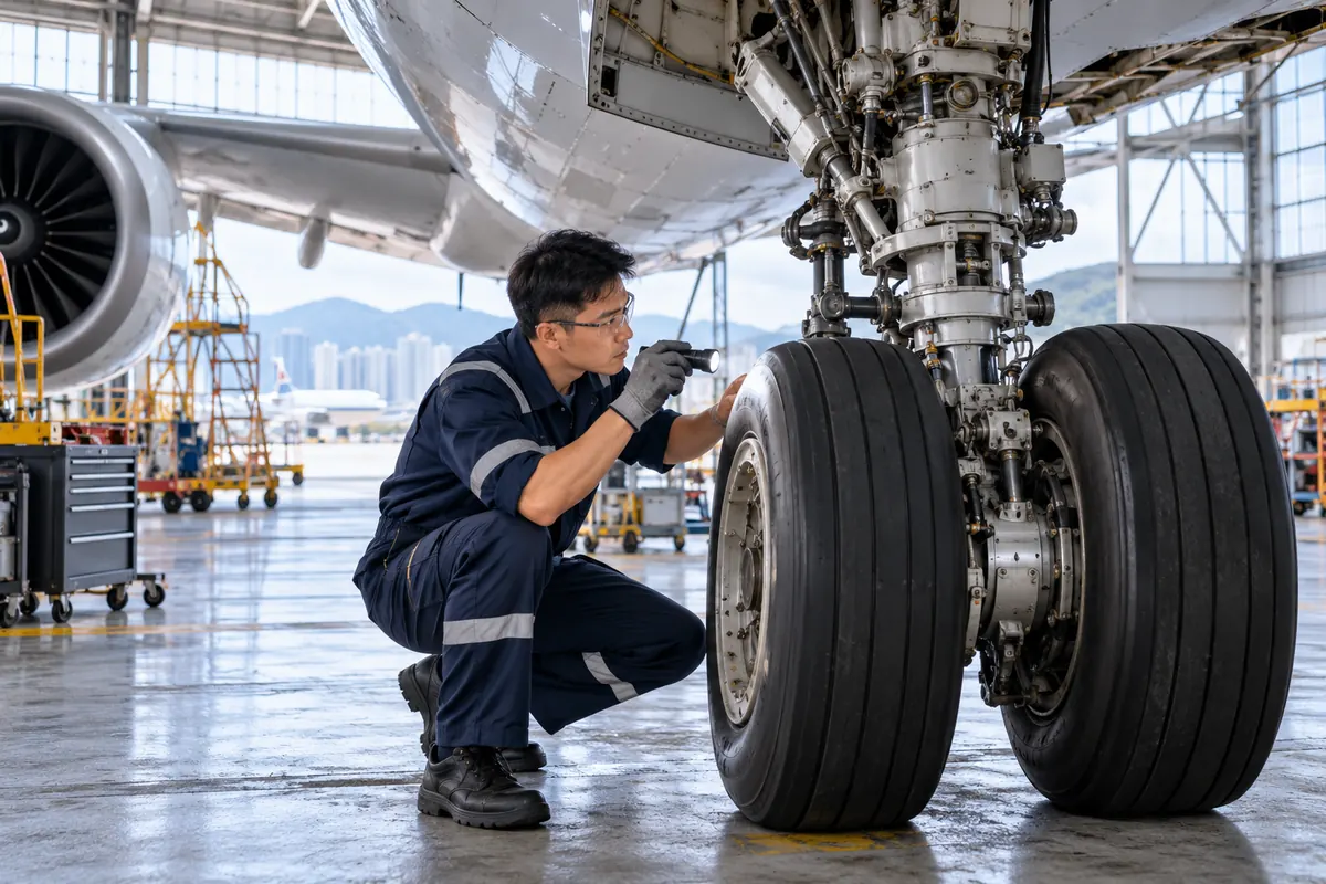 Hong Kong’daki bir hangarda uçağın tekerlek takımını inceleyen bakım teknisyeni
