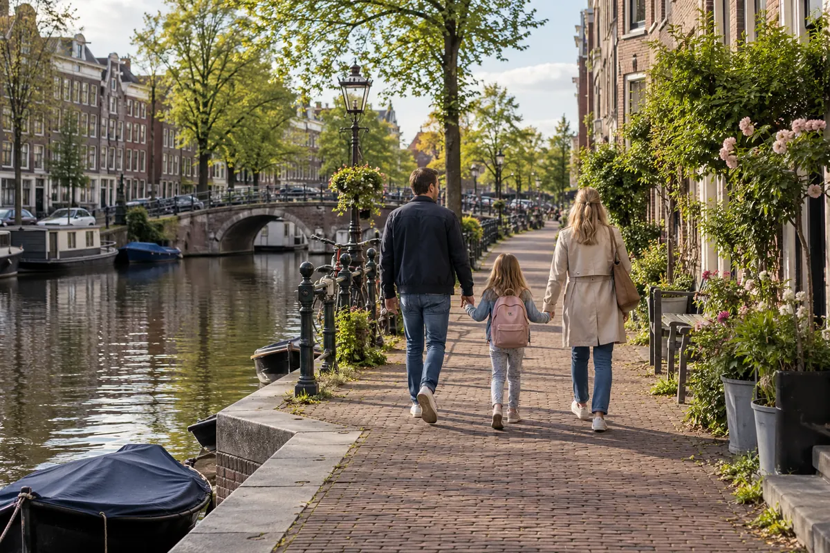 Hollanda’da bir kanal kenarında birlikte yürüyen aile