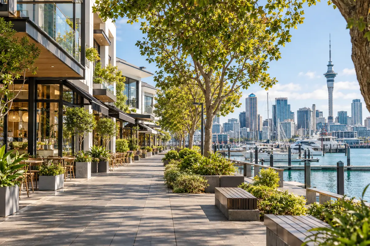 Auckland kıyısında işletmeler ve şehir manzarası